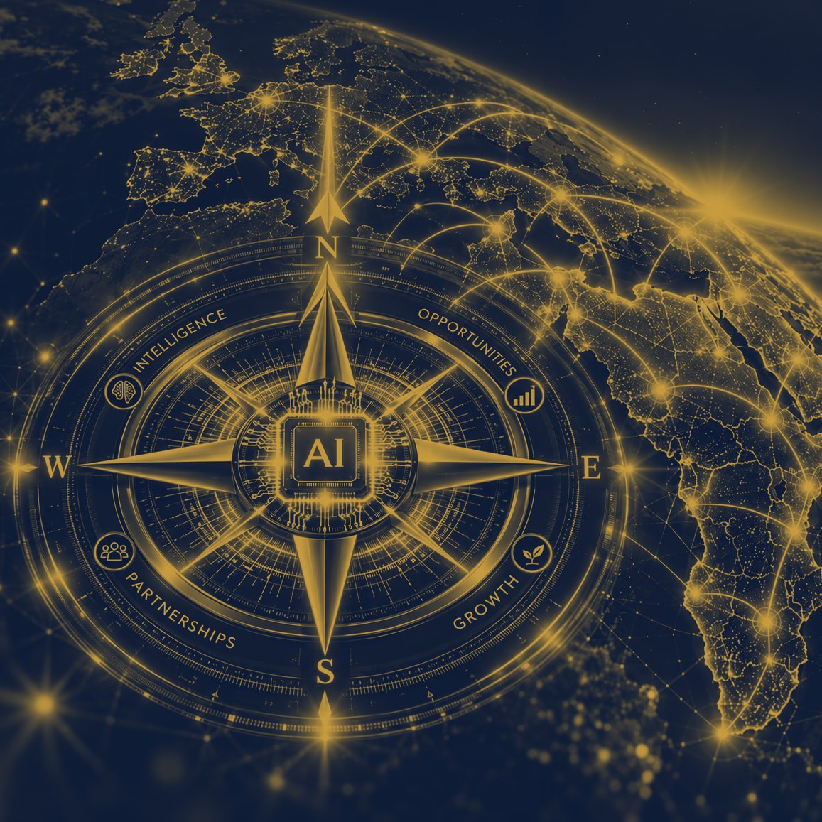 Compass rose over the Middle East and Africa, with channel intelligence signals converging on an AI core